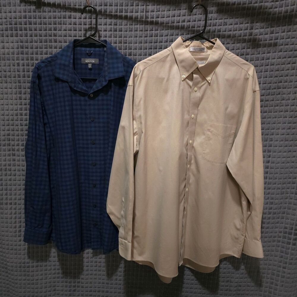 (2) Long Sleeve Buttonup Dress Shirts Mens 16.5-34/35 Lot Blue Tan Collared Work